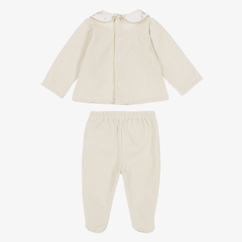 Babidu-Beige Velour 2 Piece Babygrow with Bunny Print | Childrensalon