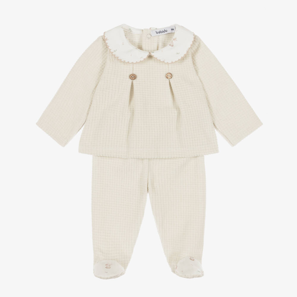 Babidu-Beige Velour 2 Piece Babygrow with Bunny Print | Childrensalon