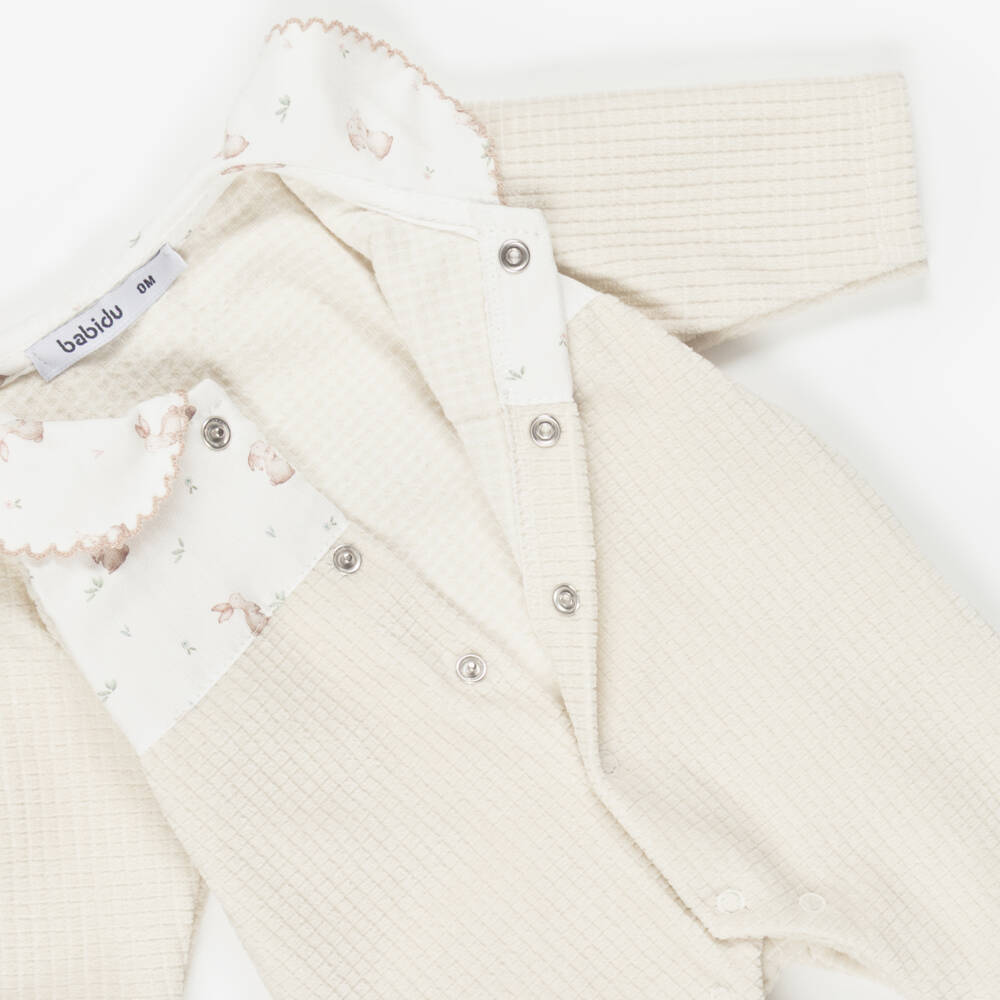 Babidu-Beige Velour Babygrow with Bunny Print | Childrensalon