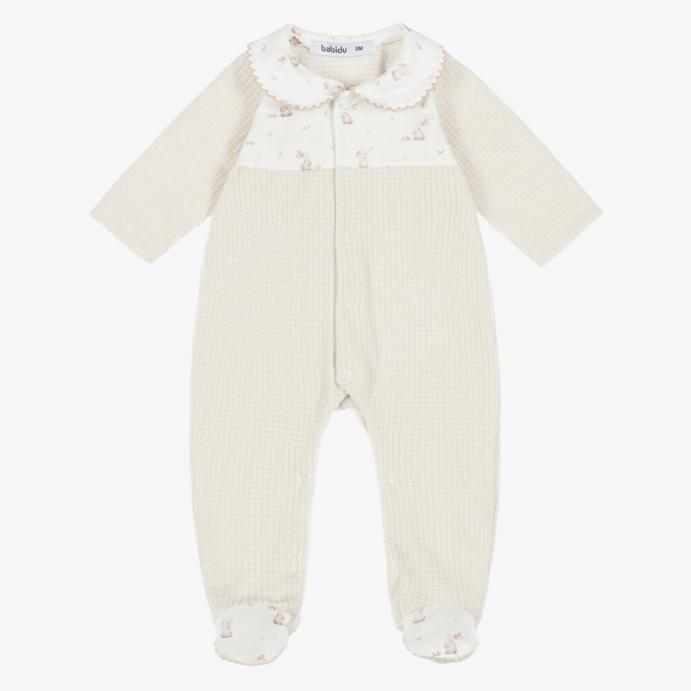 Babidu-Beige Velour Babygrow with Bunny Print | Childrensalon