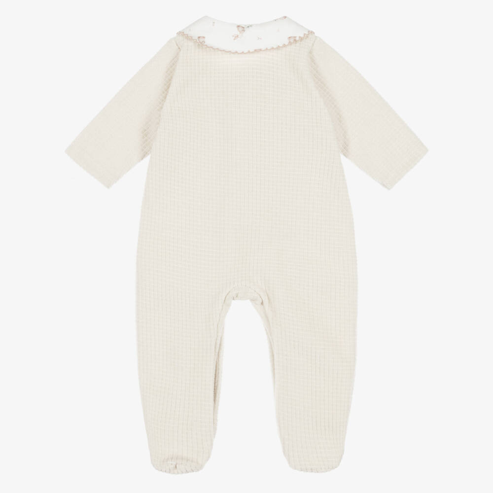 Babidu-Beige Velour Babygrow with Bunny Print | Childrensalon
