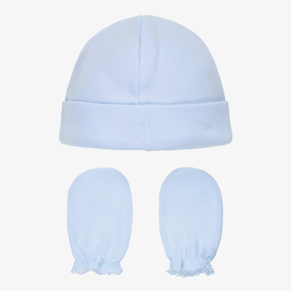 Babidu-Blue Cotton Jersey Hat & Mittens Set | Childrensalon