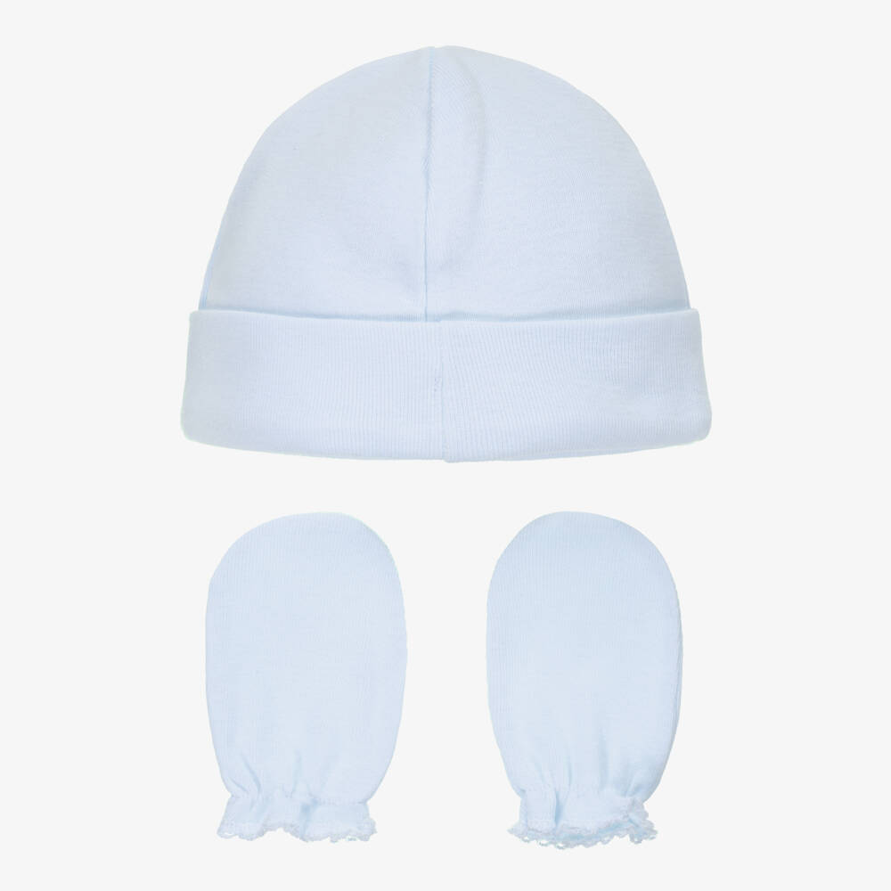 Babidu-Шапка и варежки голубые из хлопкового трикотажа | Childrensalon