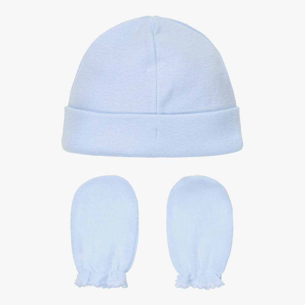 Babidu-Blue Cotton Jersey Hat & Mittens Set | Childrensalon