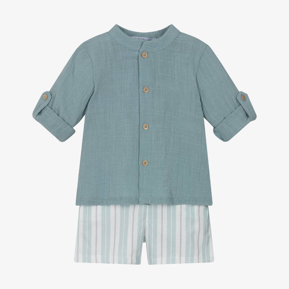 Babidu-Boys Aqua Blue Cotton Collarless Shirt & Stripe Shorts Set | Childrensalon