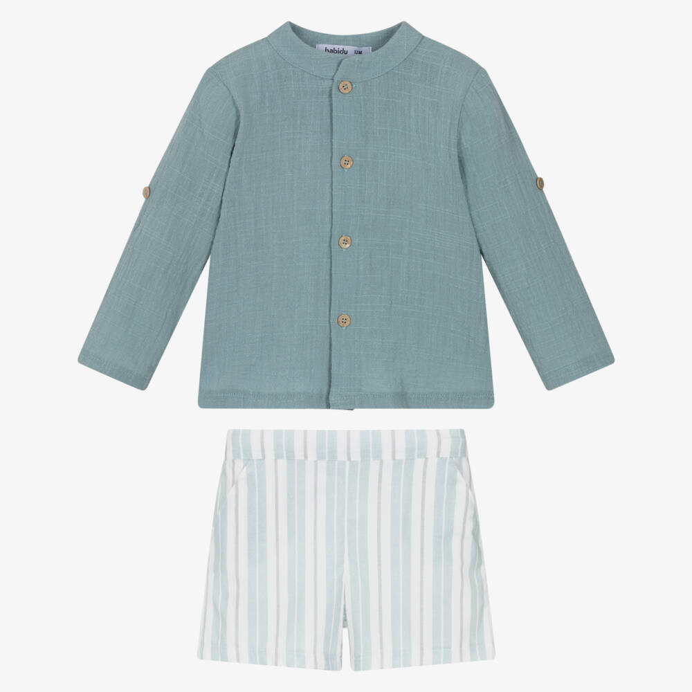 Babidu-Boys Aqua Blue Cotton Collarless Shirt & Stripe Shorts Set | Childrensalon