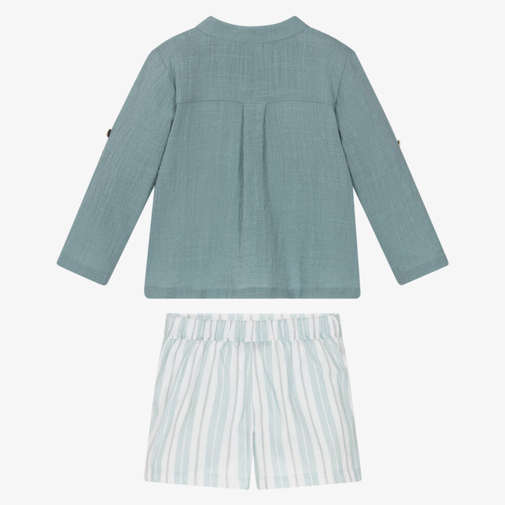 Babidu-Boys Aqua Blue Cotton Collarless Shirt & Stripe Shorts Set | Childrensalon