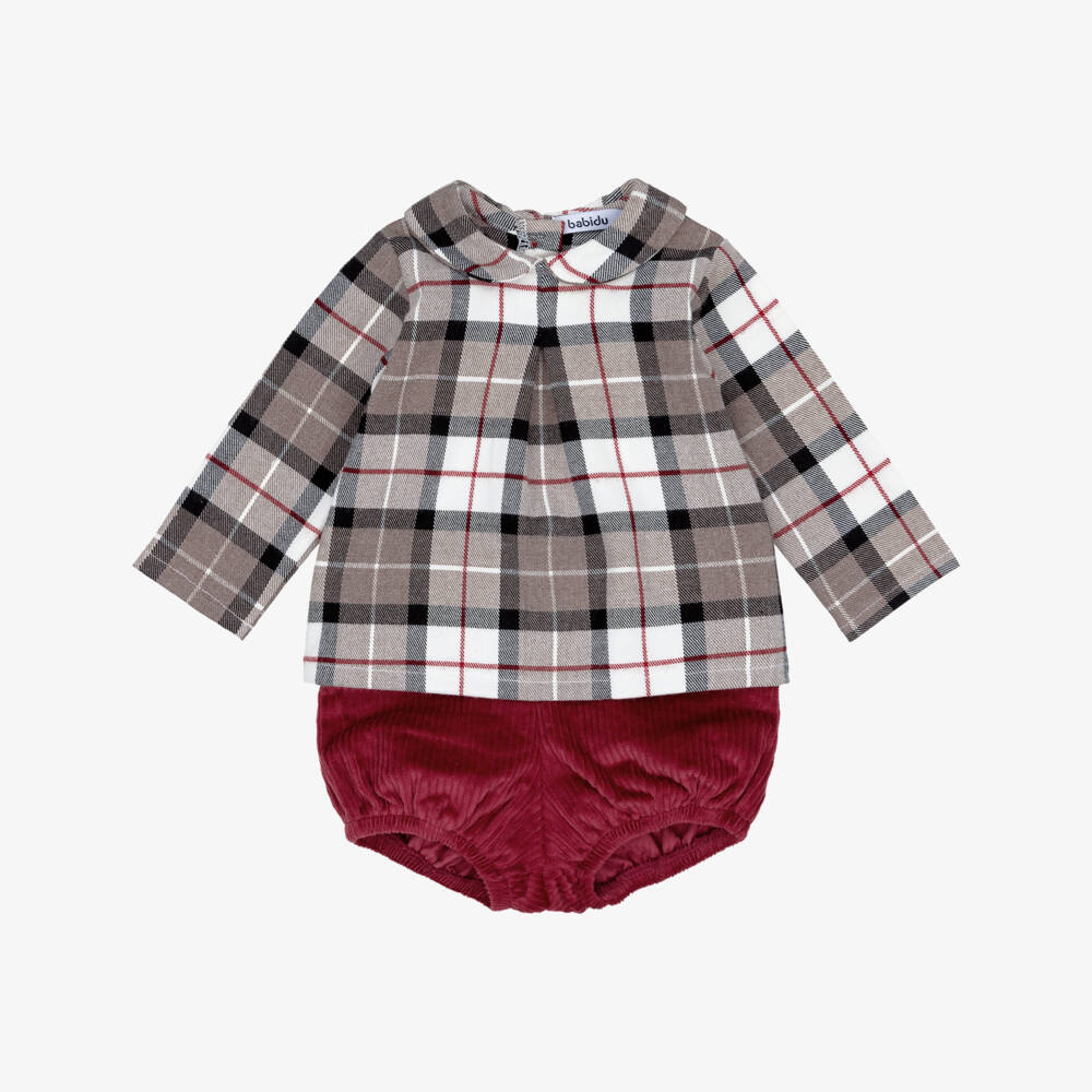 Babidu-Boys Beige Check & Burgundy Red Shorts Set | Childrensalon