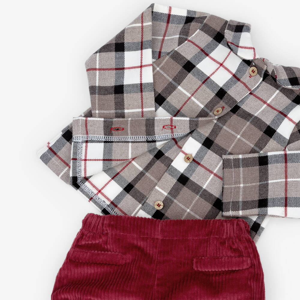 Babidu-Boys Beige Check & Burgundy Red Shorts Set | Childrensalon
