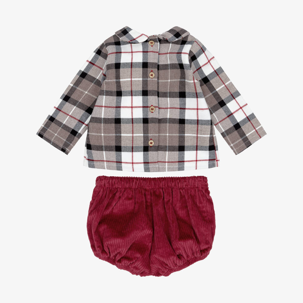Babidu-Boys Beige Check & Burgundy Red Shorts Set | Childrensalon