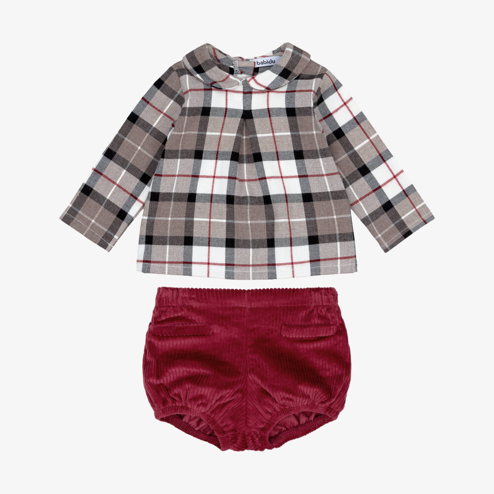 Babidu-Boys Beige Check & Burgundy Red Shorts Set | Childrensalon