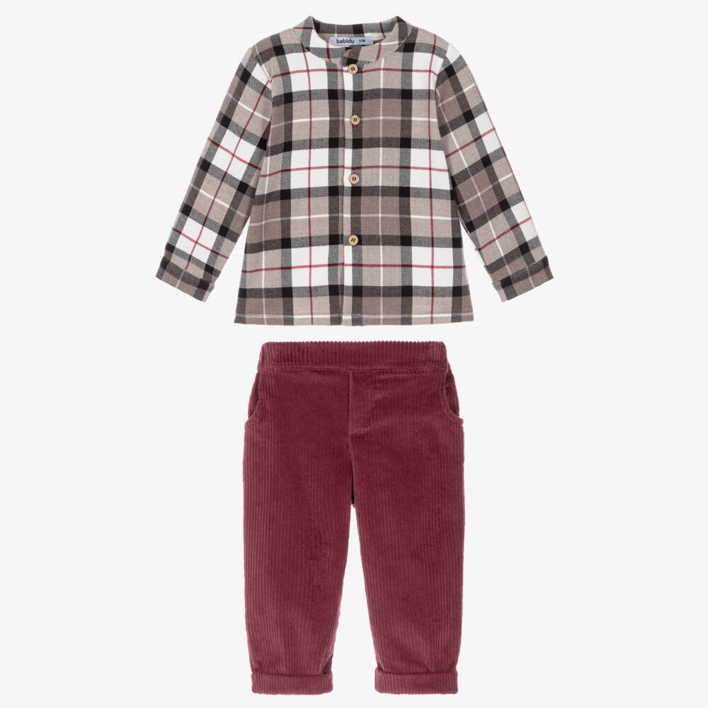 Babidu-Boys Beige Check & Burgundy Red Trouser Set | Childrensalon