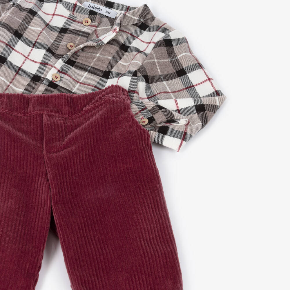 Babidu-Boys Beige Check & Burgundy Red Trouser Set | Childrensalon