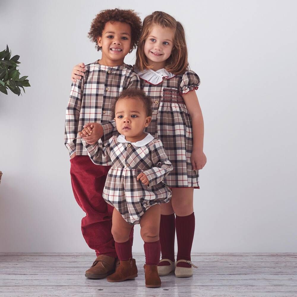 Babidu-Boys Beige Check & Burgundy Red Trouser Set | Childrensalon