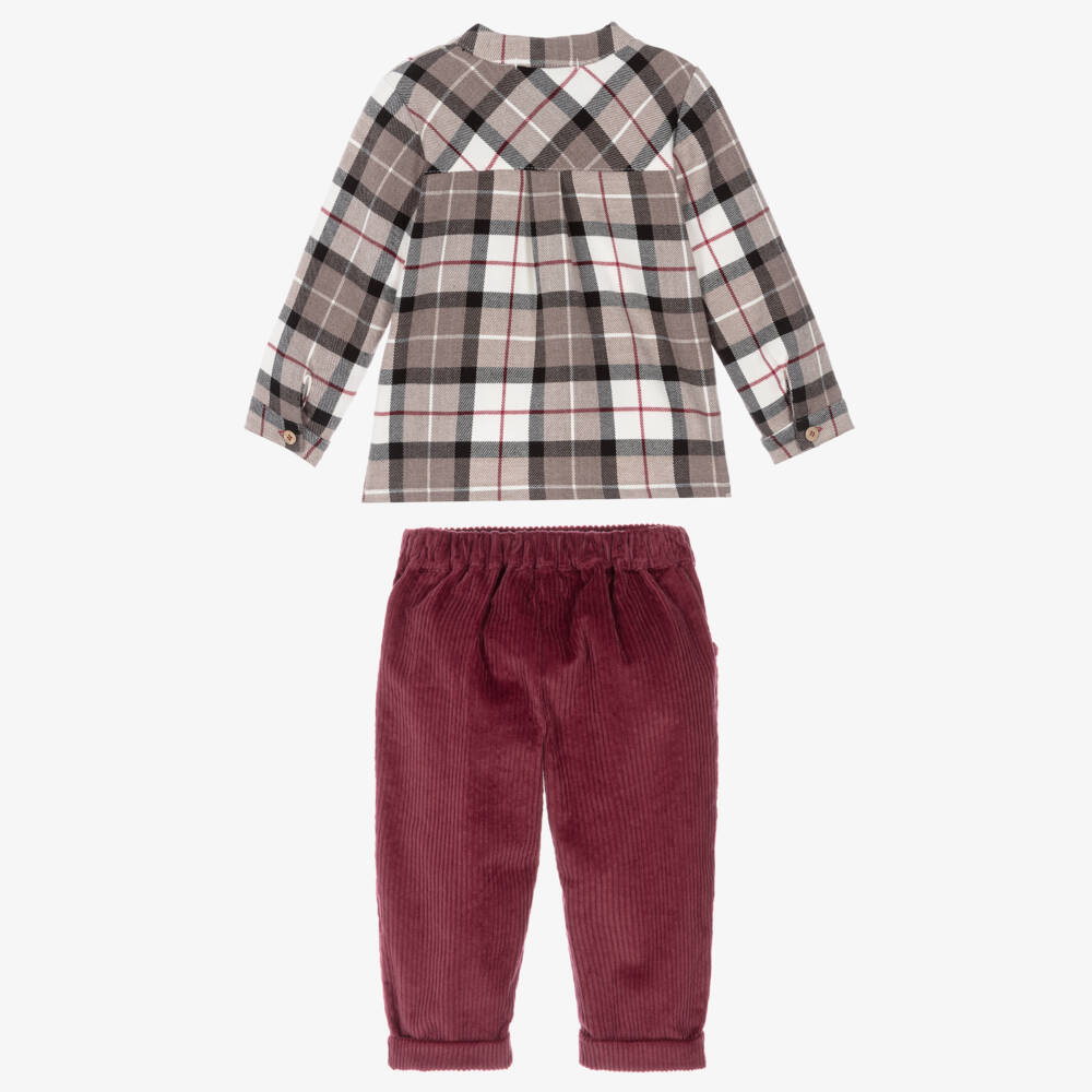 Babidu-Boys Beige Check & Burgundy Red Trouser Set | Childrensalon