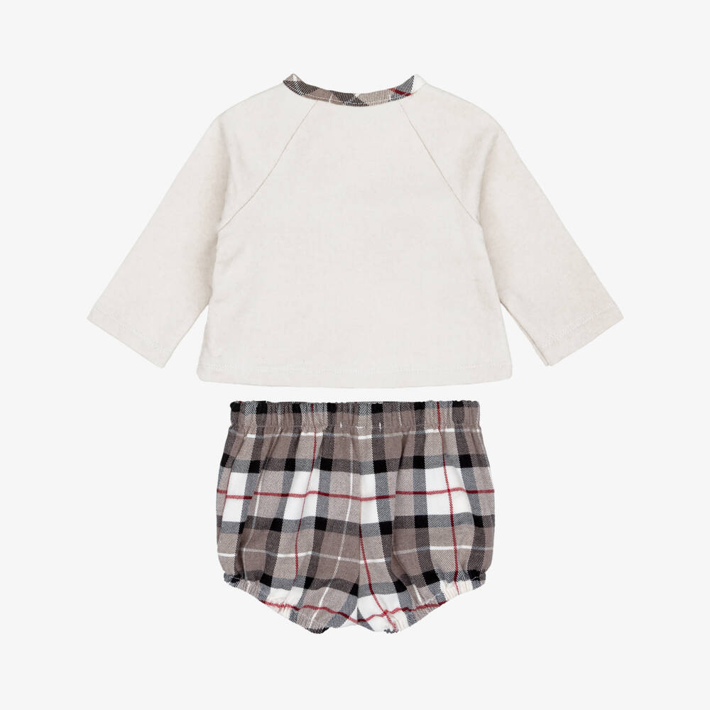 Babidu-Boys Beige Check Shorts Set with Scooter Motif | Childrensalon