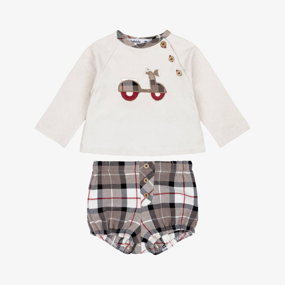 Babidu-Boys Beige Check Shorts Set with Scooter Motif | Childrensalon