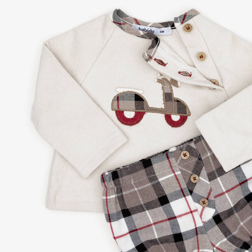 Babidu-Boys Beige Check Shorts Set with Scooter Motif | Childrensalon
