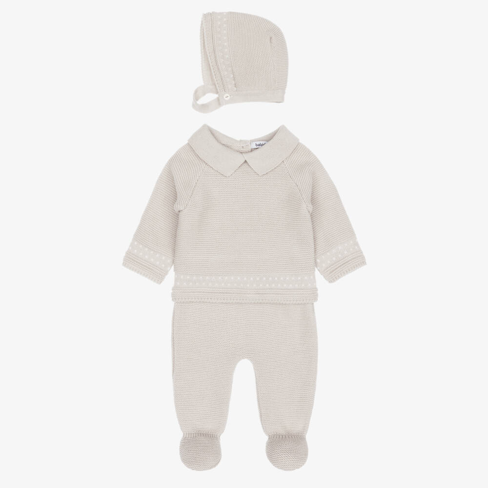 Babidu-Boys Beige Knitted 2 Piece Babygrow Set | Childrensalon