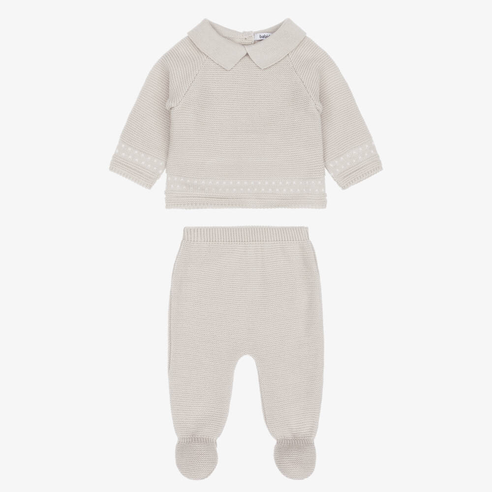 Babidu-Boys Beige Knitted 2 Piece Babygrow Set | Childrensalon