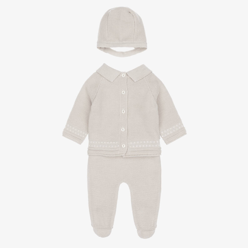 Babidu-Boys Beige Knitted 2 Piece Babygrow Set | Childrensalon