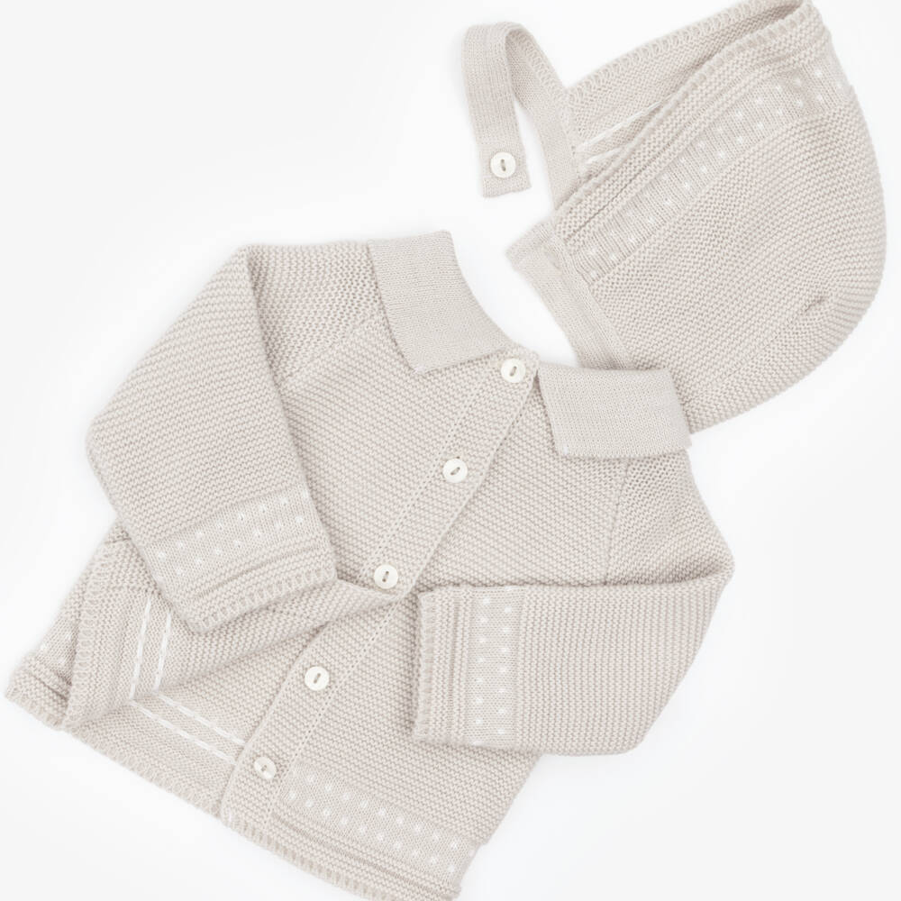 Babidu-Boys Beige Knitted 2 Piece Babygrow Set | Childrensalon