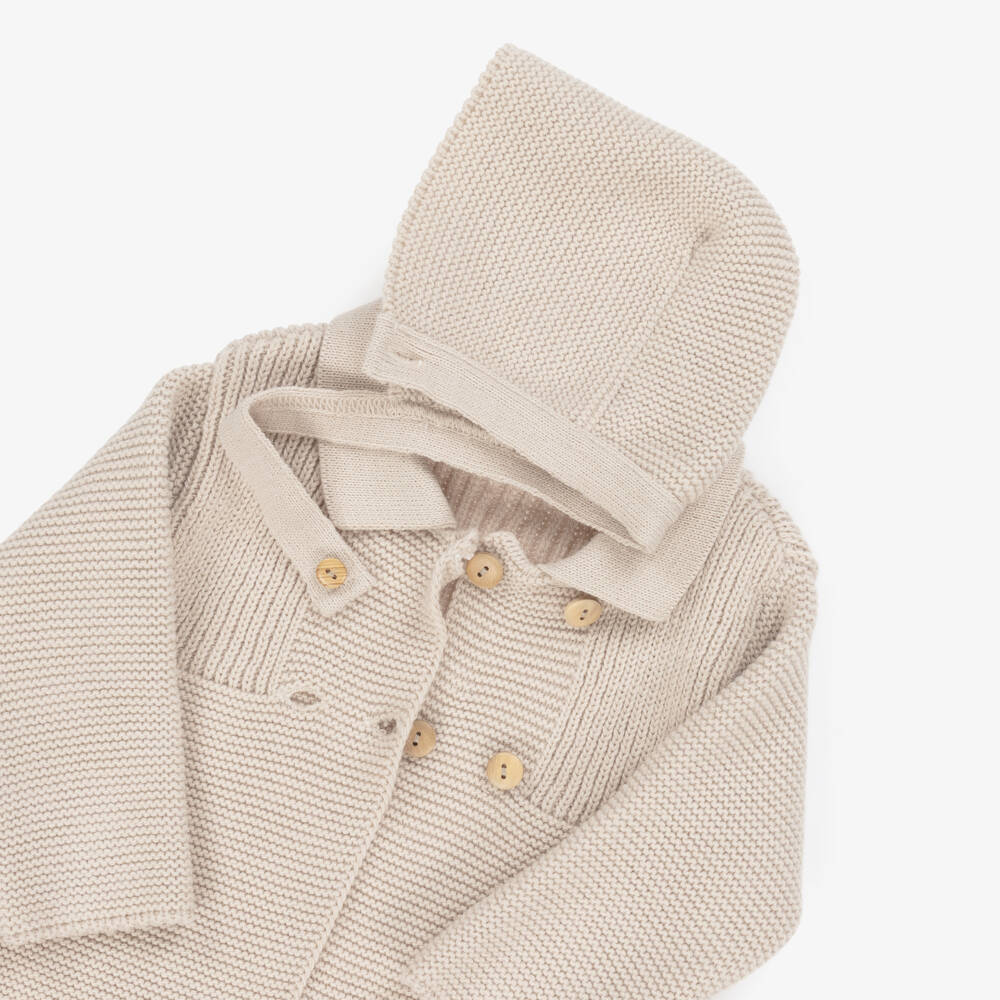 Babidu-Boys Beige Knitted Coat & Hat Set | Childrensalon