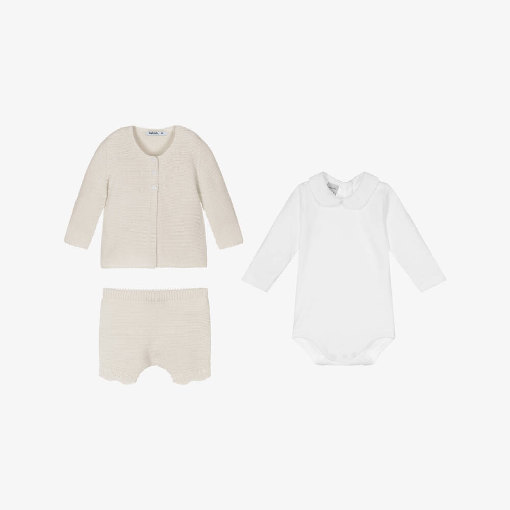 Babidu-Boys Beige Knitted Shorts Set | Childrensalon