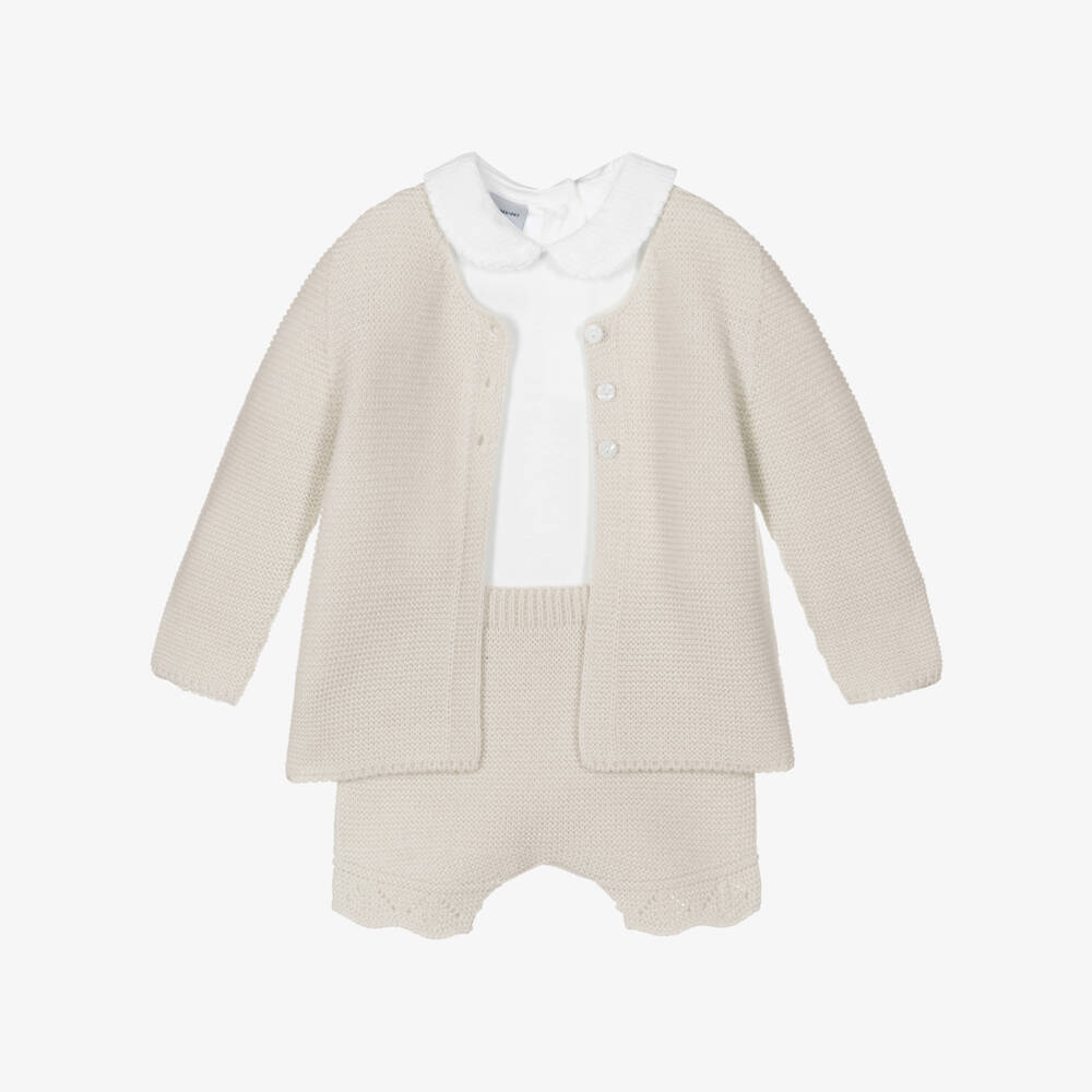 Babidu-Boys Beige Knitted Shorts Set | Childrensalon
