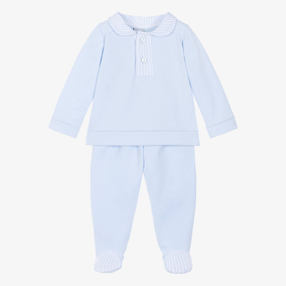 Babidu-Boys Blue 2 Piece Babygrow with Striped Trims | Childrensalon