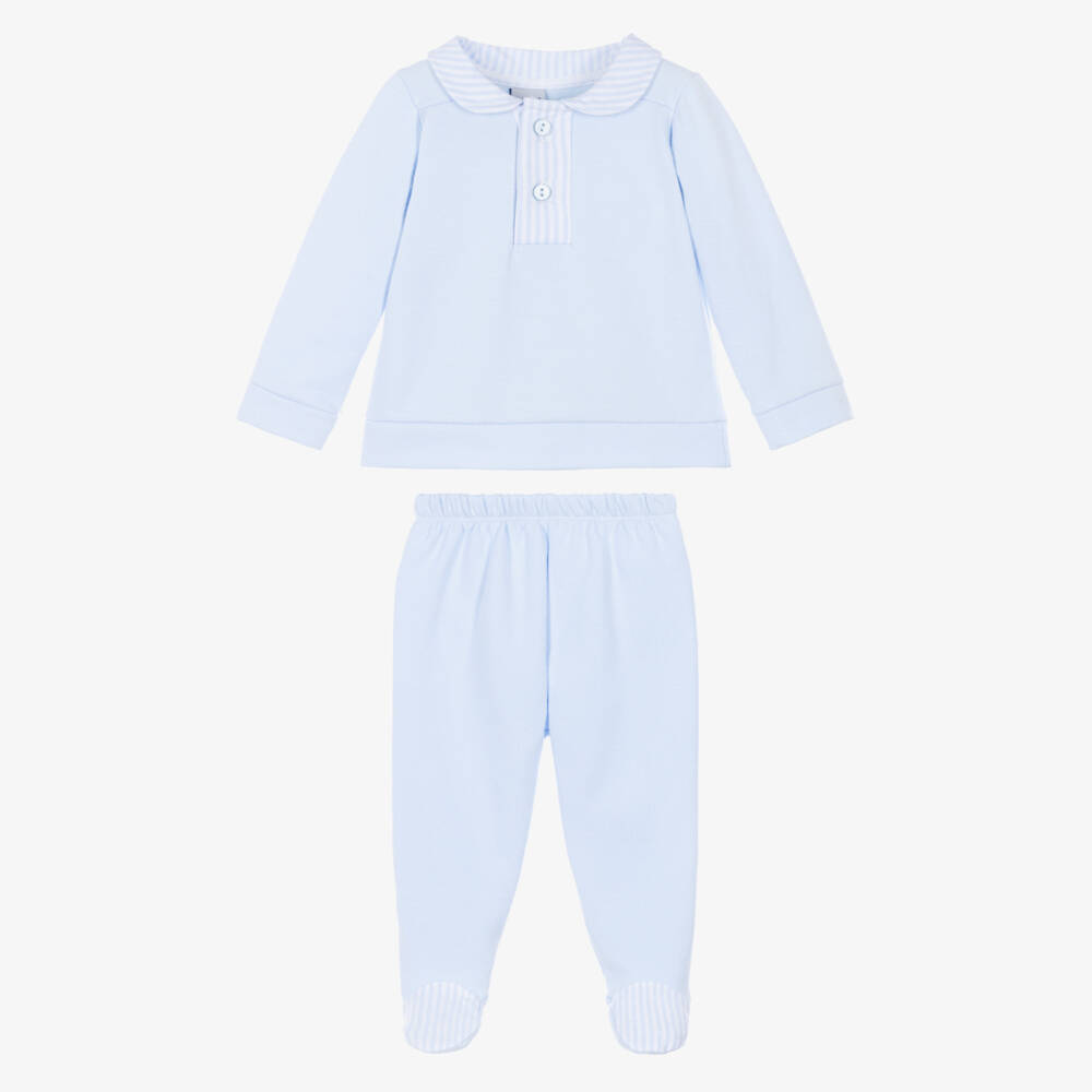 Babidu-Boys Blue 2 Piece Babygrow with Striped Trims | Childrensalon