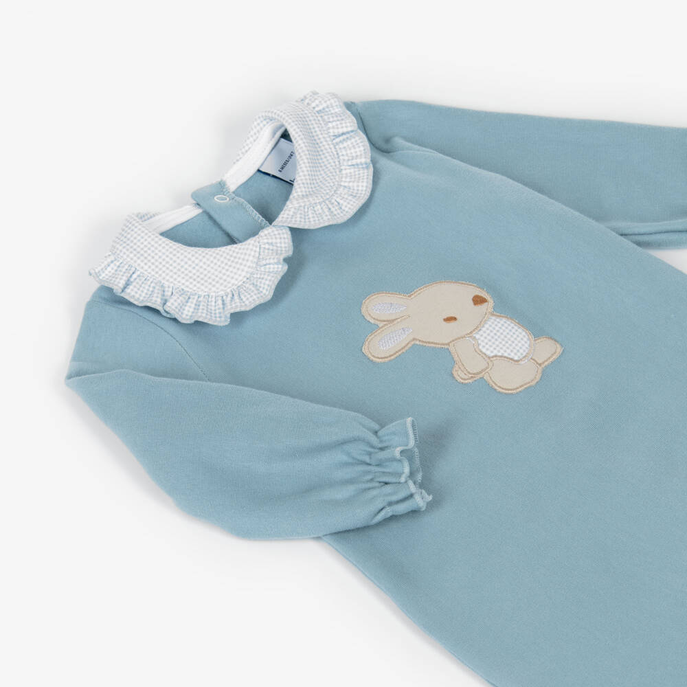 Babidu-Boys Blue Cotton Bunny Babygrow with Frilly Gingham Collar | Childrensalon