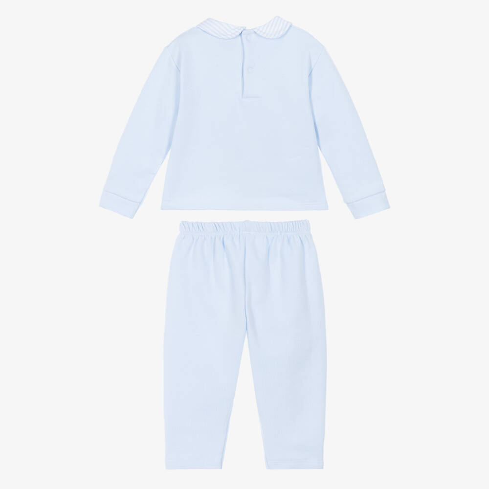 Babidu-Boys Blue Cotton Jersey Trouser Set with Striped Trim | Childrensalon