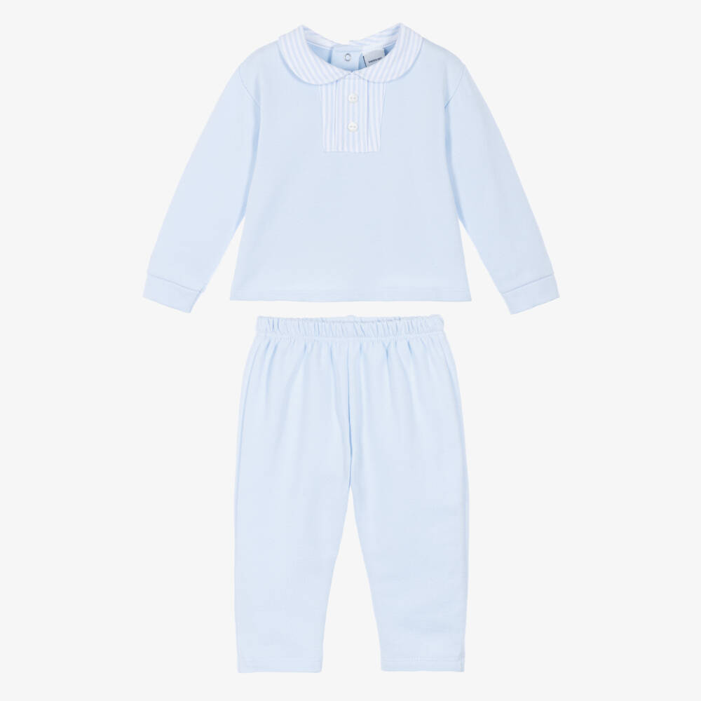 Babidu-Boys Blue Cotton Jersey Trouser Set with Striped Trim | Childrensalon