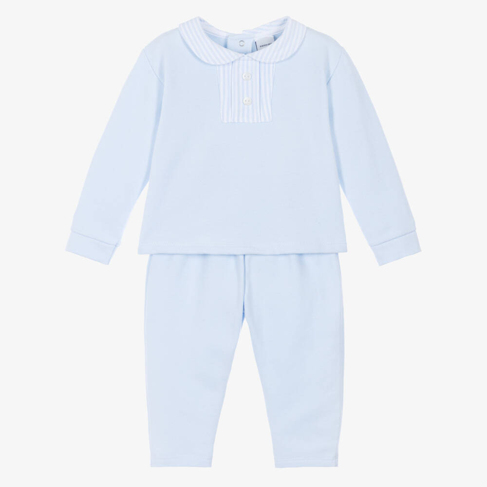 Babidu-Boys Blue Cotton Jersey Trouser Set with Striped Trim | Childrensalon