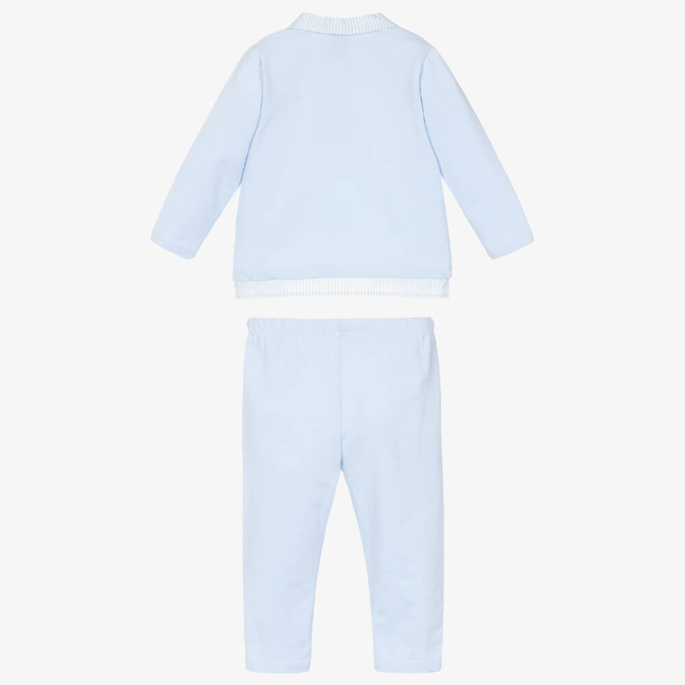 Babidu-Boys Blue Cotton Jersey Trouser Set with Striped Trims | Childrensalon