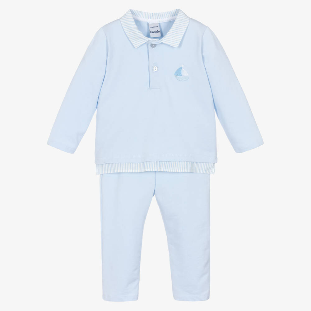 Babidu-Boys Blue Cotton Jersey Trouser Set with Striped Trims | Childrensalon