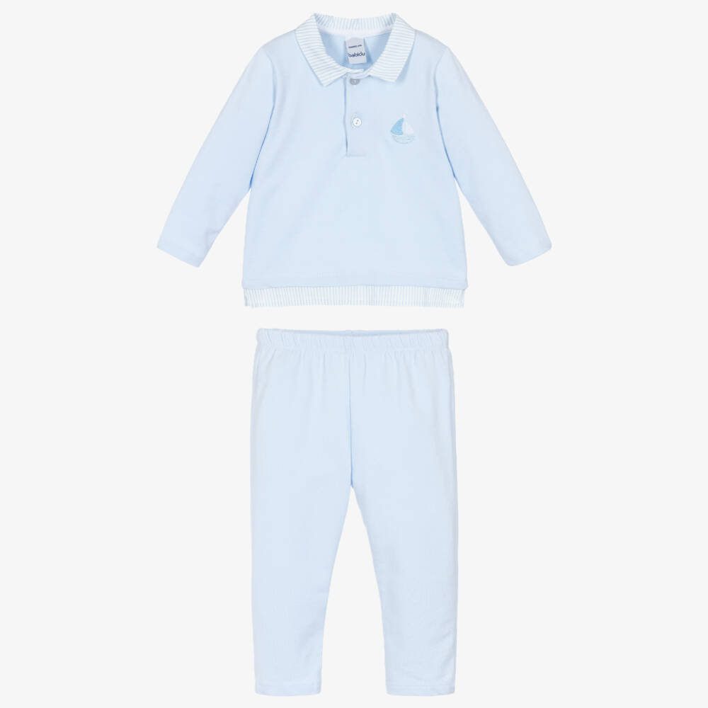 Babidu-Boys Blue Cotton Jersey Trouser Set with Striped Trims | Childrensalon