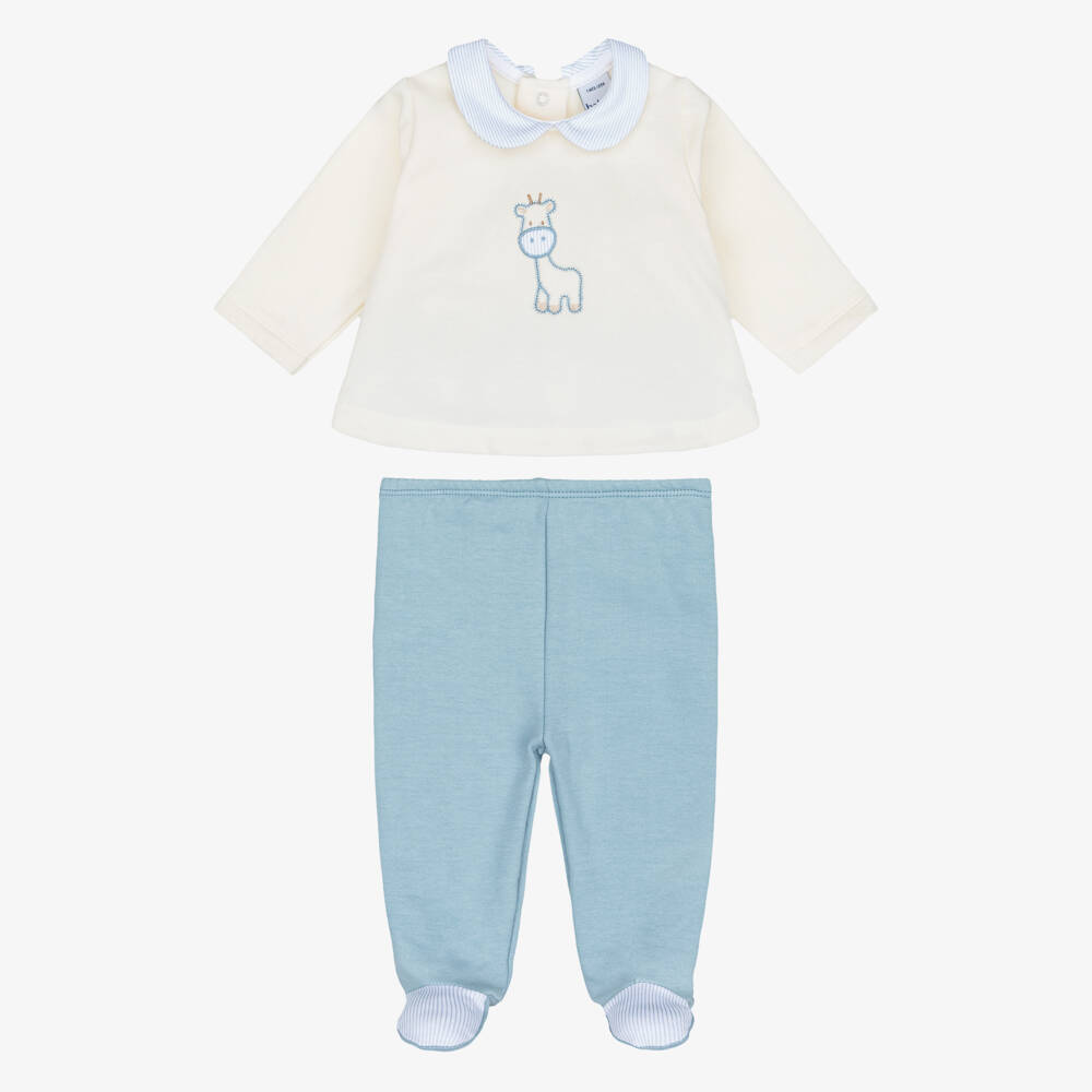 Babidu-Boys Blue & Ivory 2 Piece Babygrow with Giraffe Motif | Childrensalon