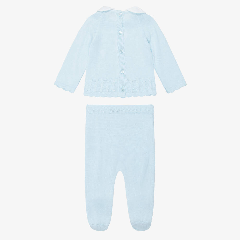 Babidu-Boys Blue Knitted 2 Piece Babygrow with White Collar | Childrensalon
