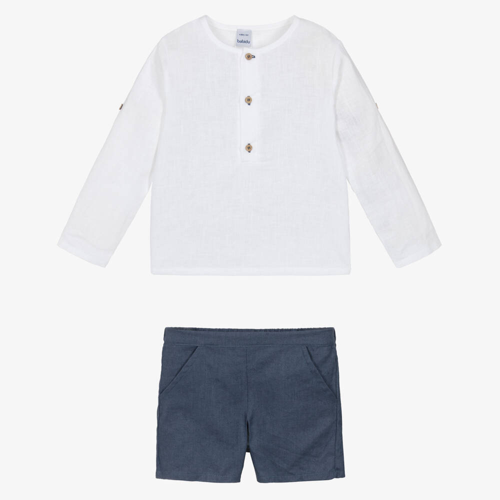 Babidu-Boys Blue & White Cotton Shorts Set with Adjustable Sleeves | Childrensalon