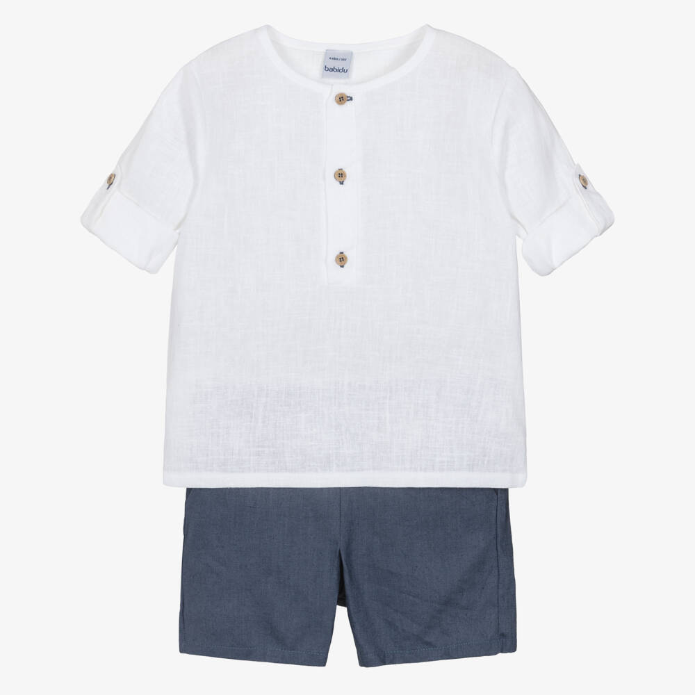 Babidu-Boys Blue & White Cotton Shorts Set with Adjustable Sleeves | Childrensalon