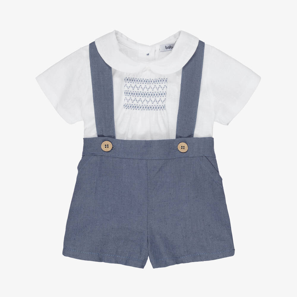 Babidu-طقم شورت قطن بتطريز سموك لون أزرق وأبيض للأولاد | Childrensalon