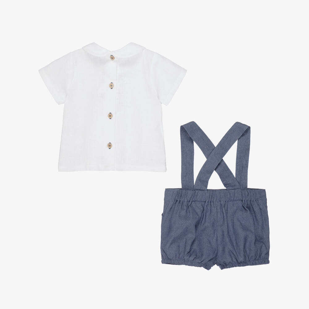 Babidu-طقم شورت قطن بتطريز سموك لون أزرق وأبيض للأولاد | Childrensalon