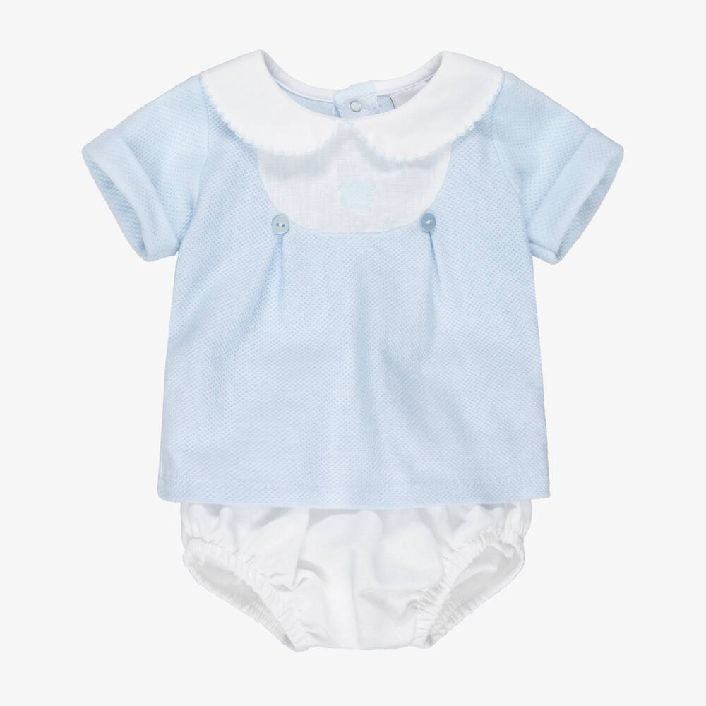 Babidu-Boys Blue & White Cotton Shorts Set with Teddy Motif | Childrensalon