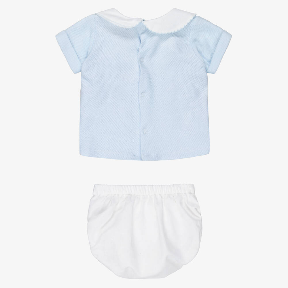 Babidu-Boys Blue & White Cotton Shorts Set with Teddy Motif | Childrensalon