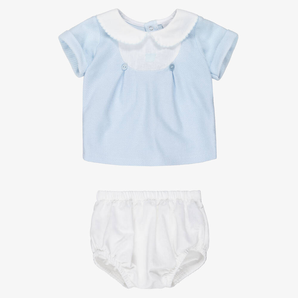 Babidu-Boys Blue & White Cotton Shorts Set with Teddy Motif | Childrensalon
