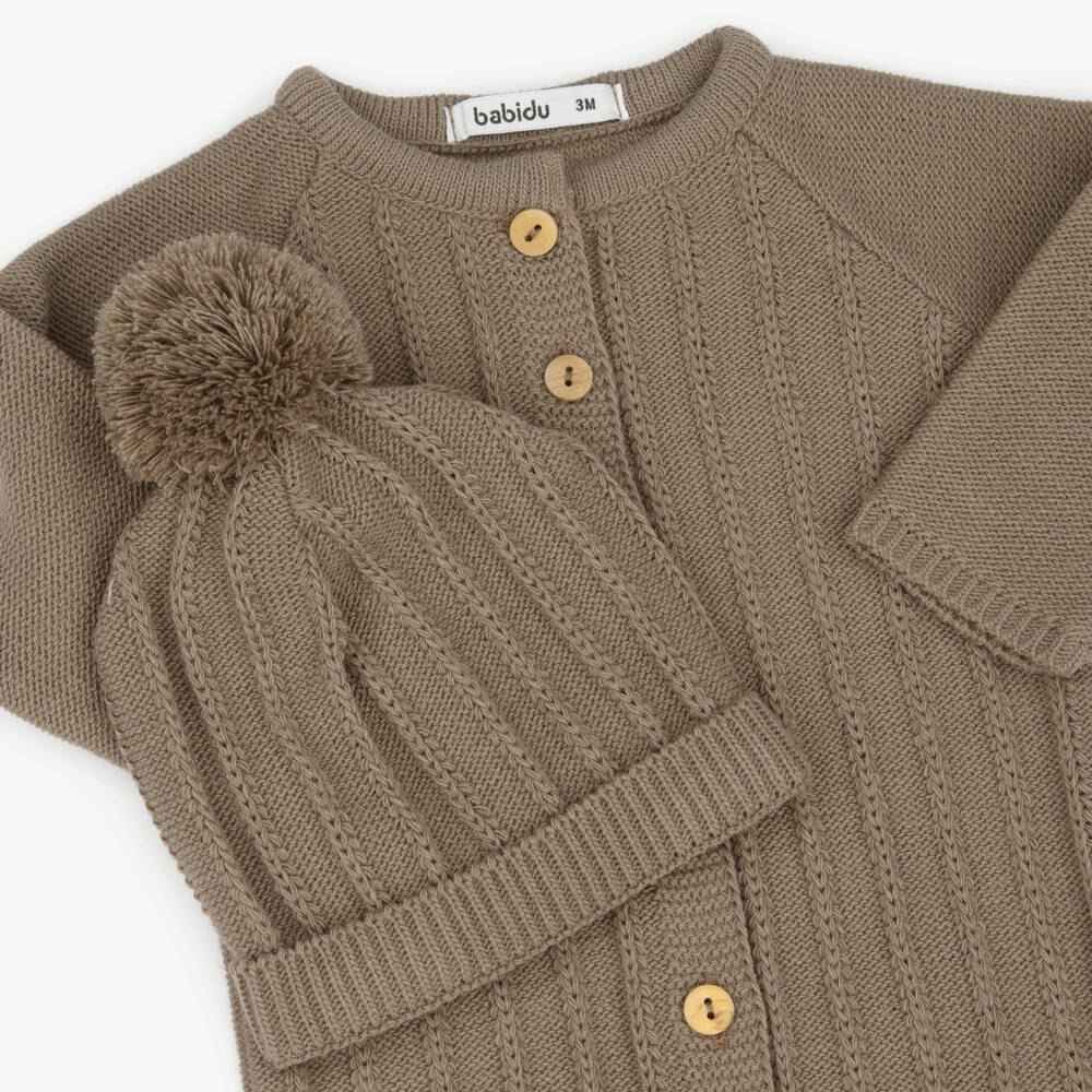 Babidu-Boys Brown Knitted Babygrow Set with Hat | Childrensalon