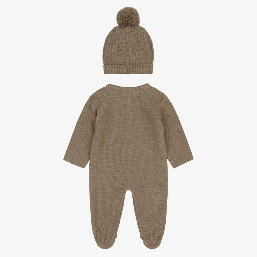 Babidu-Boys Brown Knitted Babygrow Set with Hat | Childrensalon