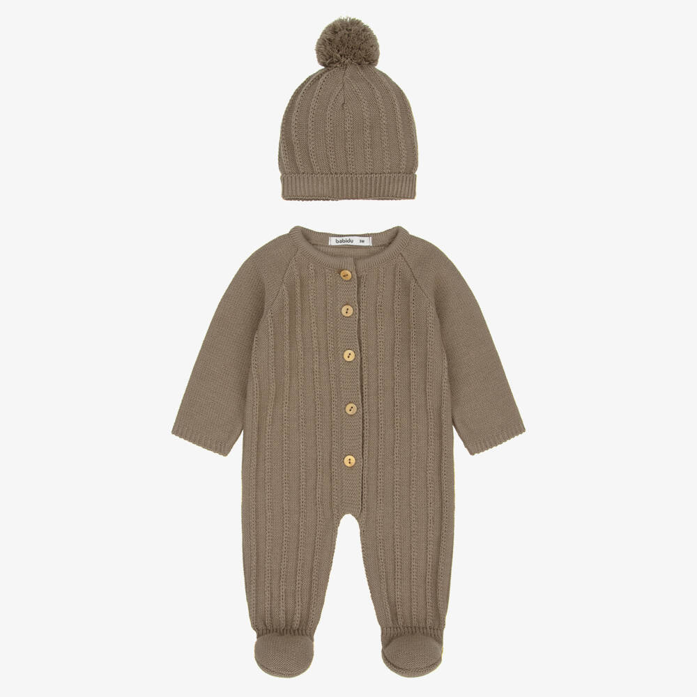 Babidu-Boys Brown Knitted Babygrow Set with Hat | Childrensalon